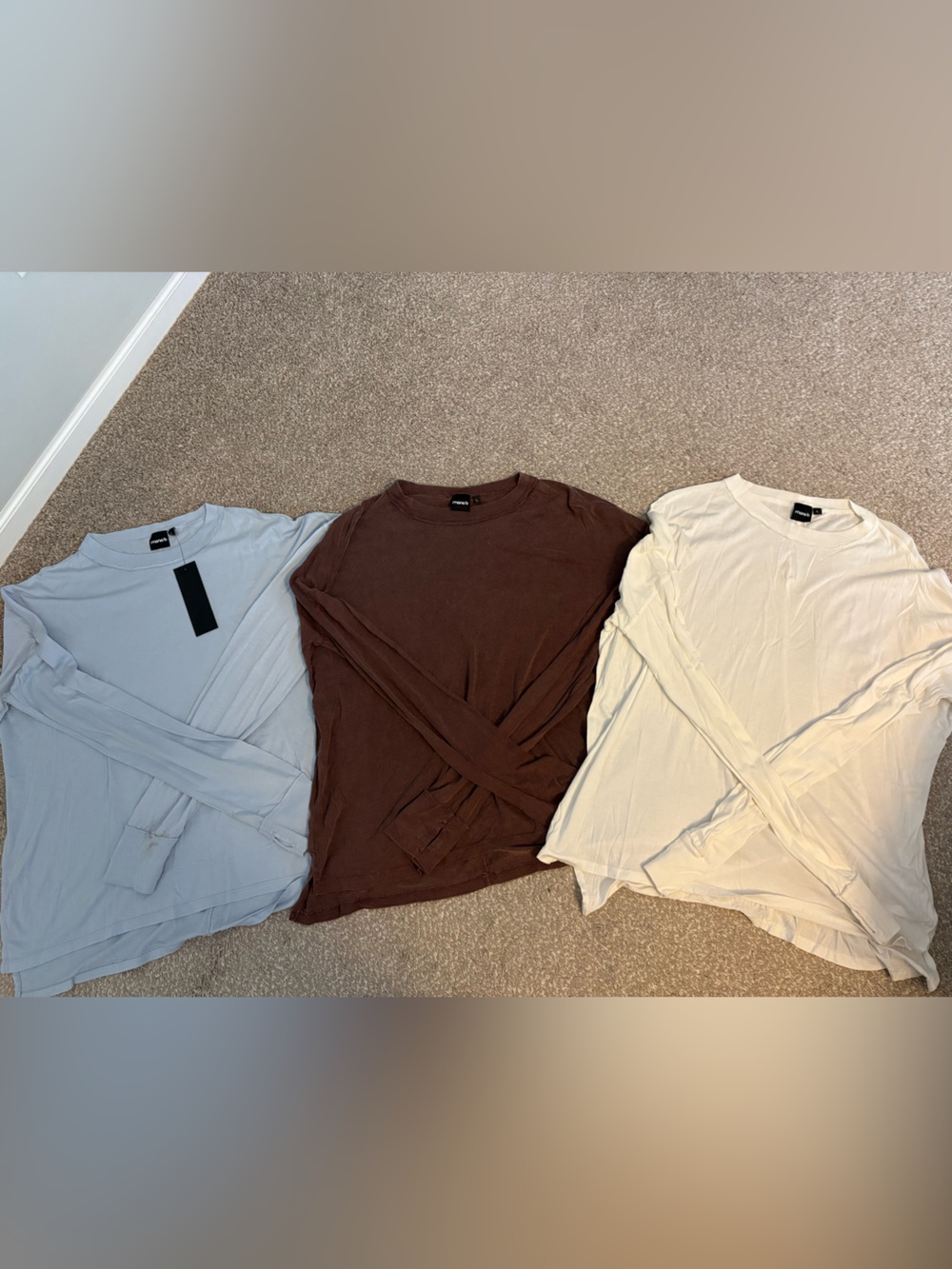 Women’s Mono B Long-Sleeve Crew Tops Bundle - Light Blue, Brown, Cream